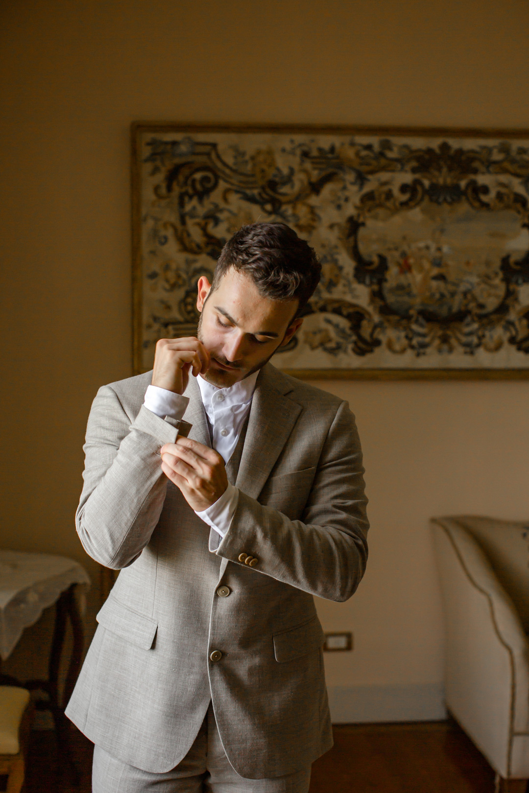 completo abito da sposa collo alla coreana avana di lino